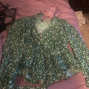 SHEIN Green Floral Wrap Peplum Blouse